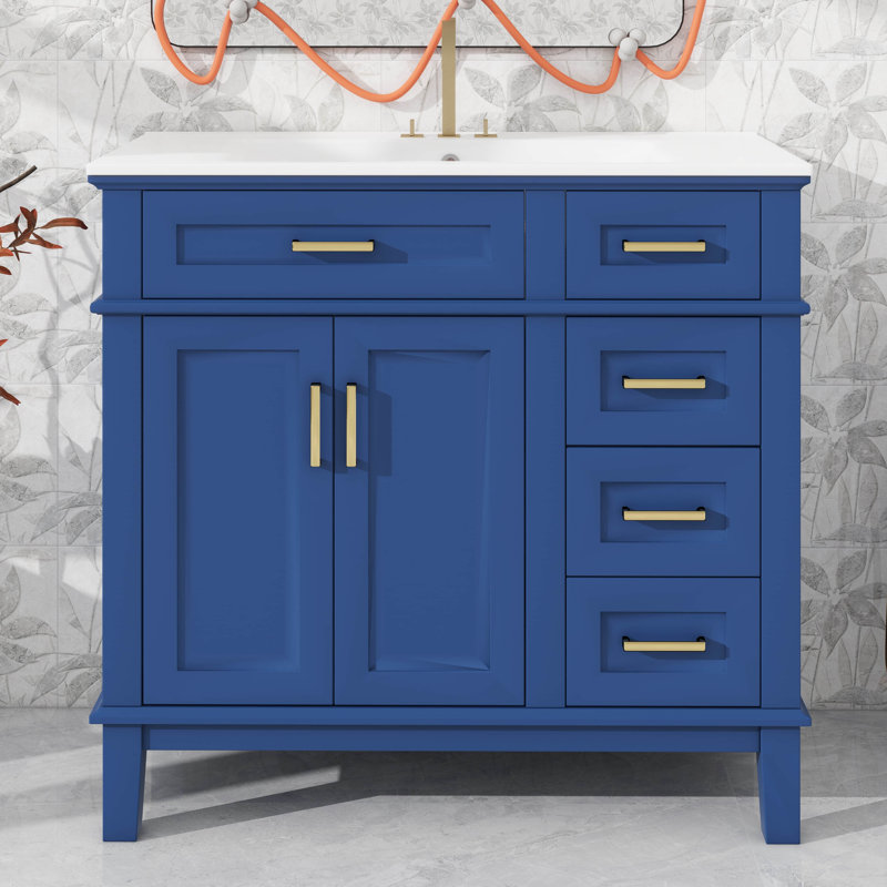 Meuble-lavabo de 36 po avec lavabo en céramique, armoire de rangement moderne avec 2 portes à fermeture douce et 4 tiroirs, élégant pour petite pièce, appartement