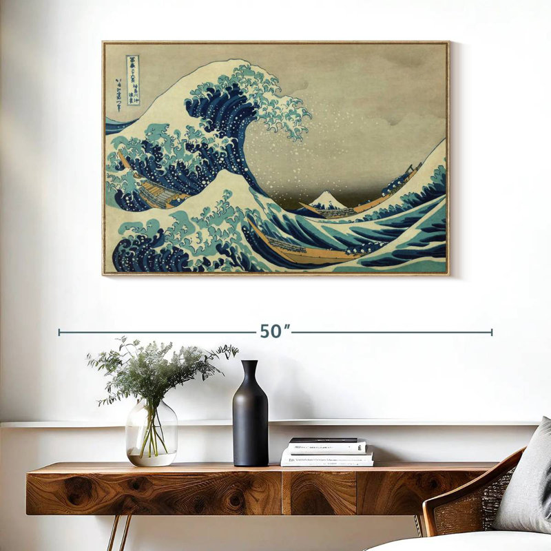 The  Wave Off Kanagawa, 40" X 27", Floating Frame Natural Wood