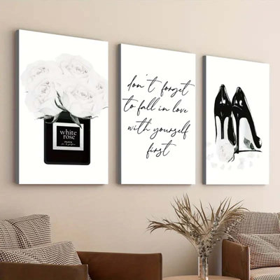 24*16，3pcs Wooden Inner Frame Canvas Painting Art Fashion Wall Art, Paris Perfume Print, White rose perfume, Black and white Posters, Heels Art Print.