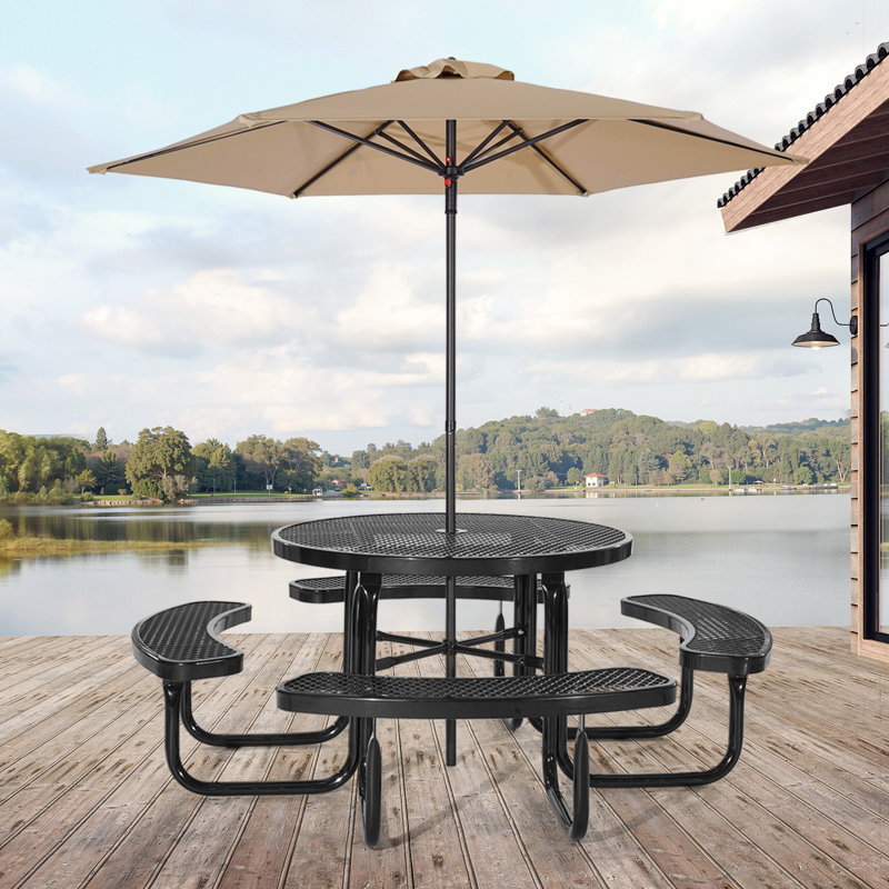Round Steel Outdoor with Umbrella Hole Picnic Table - 201.5 cm W 201.5 cm D
