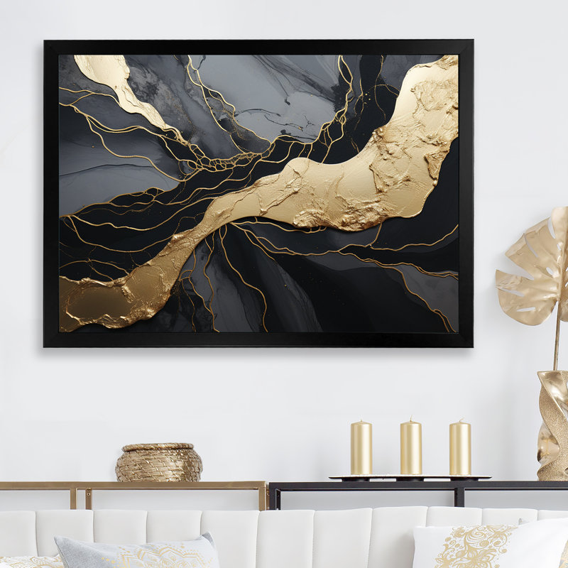 Impression sur toile encadrée «Minimalisme chromé noir et or - spirales abstraites», H 30 po x l 40 po x P 1,5 po