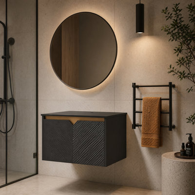 24" Modern Wall-Mounted Vanity Cabinet with Sintered Stone Countertop, Durable Plywood, No Basin (Brown Oak Woodgrain/Black)