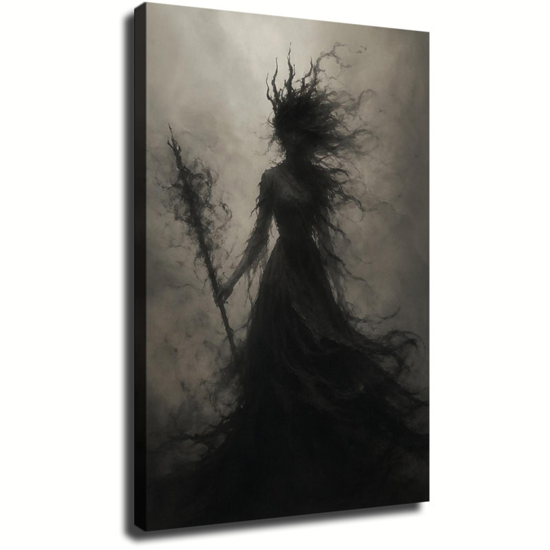 Silhouette de sorcière aux branches sombres et au bâton en bois, décoration murale gothique mystérieuse sur toile, pour une ambiance d'Halloween effrayante.