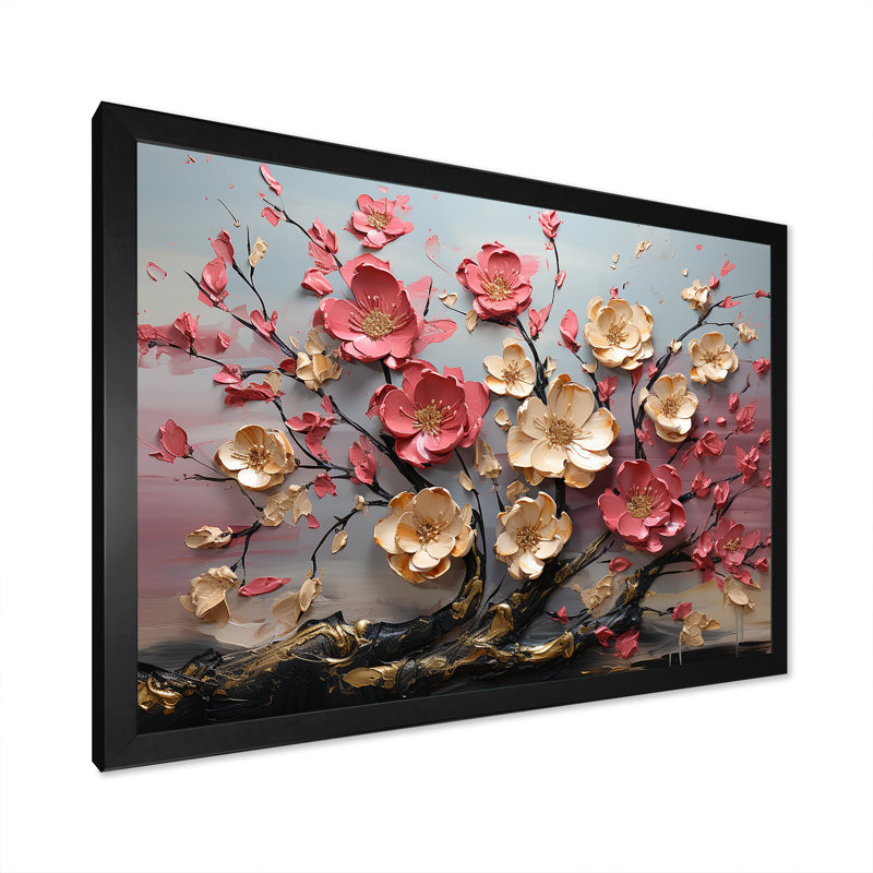 Élégant arbre floral orchidée rose et blanc II - Art mural floral abstrait, Cadre d'angle fermé noir