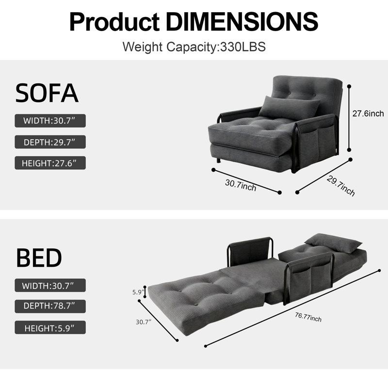 30.7'' Convertible Corduroy Sofa Bed Chair with Adjustable Backrest, Foldable Sleeper Chair for Teen Bedroom, Dorm Room and Small Spaces