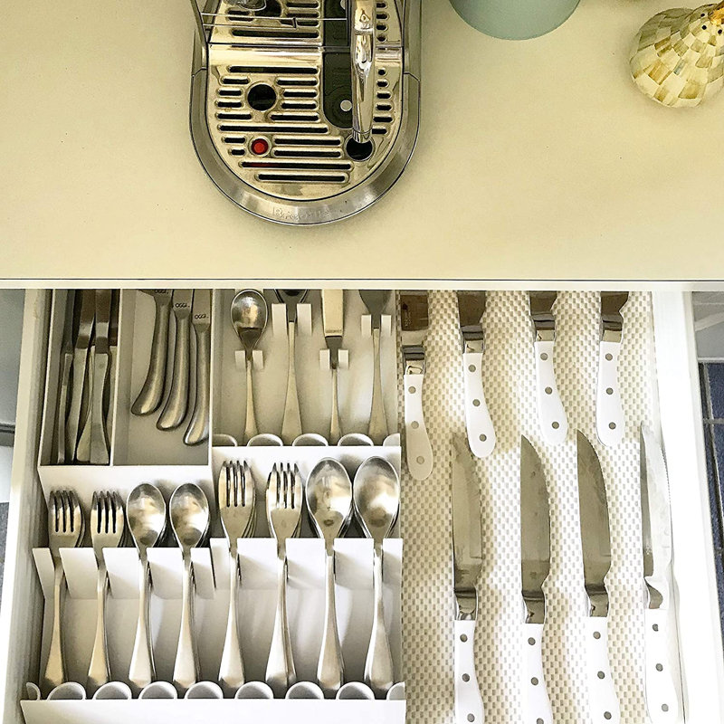Knork Kitchen Flatware Silverware Drawer Storage Tray Organizer Solution, White