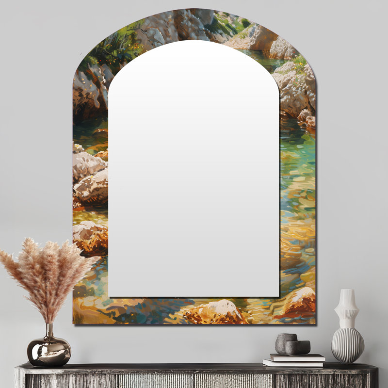 River Trout pêche dans les montagnes II - miroir mural gris arche, miroir décoratif asymétrique moderne, impression d'art en métal
