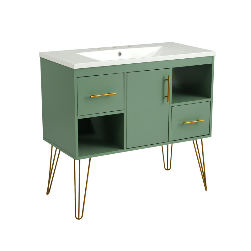 Ensemble de meuble-lavabo 36 po avec lavabo en résine, armoire de salle de bain moderne autoportante avec 2 tiroirs et 2 compartiments de rangement