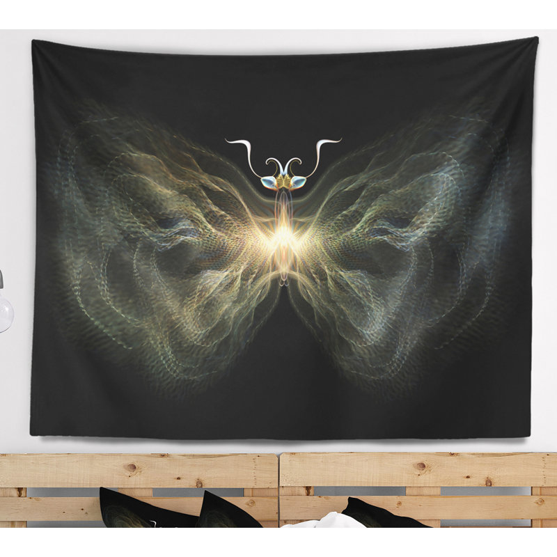 Abstrait papillon fractal jaune en tapisserie foncée, H 32 po x l 39 po