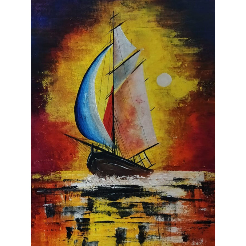 «Floating Sail Boat in Sunset», peinture acrylique sur toile par Suman Das - 23,4 po x 16,5 po, paysage marin texturé, art mural nautique