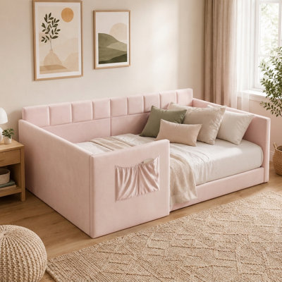 Lit de jour double rembourré en velours avec poche de rangement, canapé-lit moderne avec panneaux latéraux hauts, lit d'invité peu encombrant pour chambre d'enfant, chambre à coucher et salon