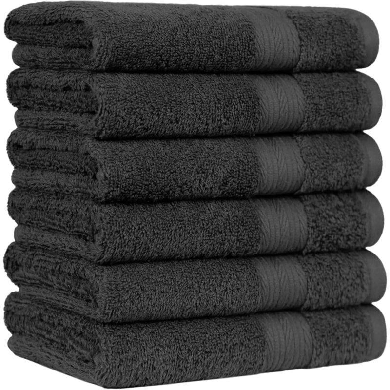 6 Piece Fade Resistant Hand Towel, 100% Cotton, Black