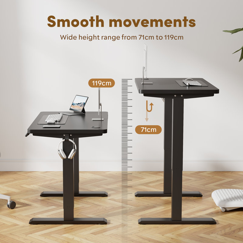 Guimauve Height Adjustable Electric Standing Computer Desk With Non-Spliced Desk Top Home Office Desk, Black, Black