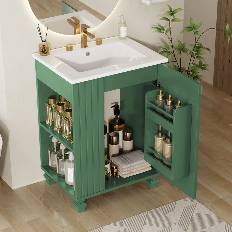 Meuble-lavabo de salle de bain avec lavabo, armoire avec tablette de porte, rangement latéral ouvert, cadre en bois massif et porte à fermeture douce pour une utilisation pratique