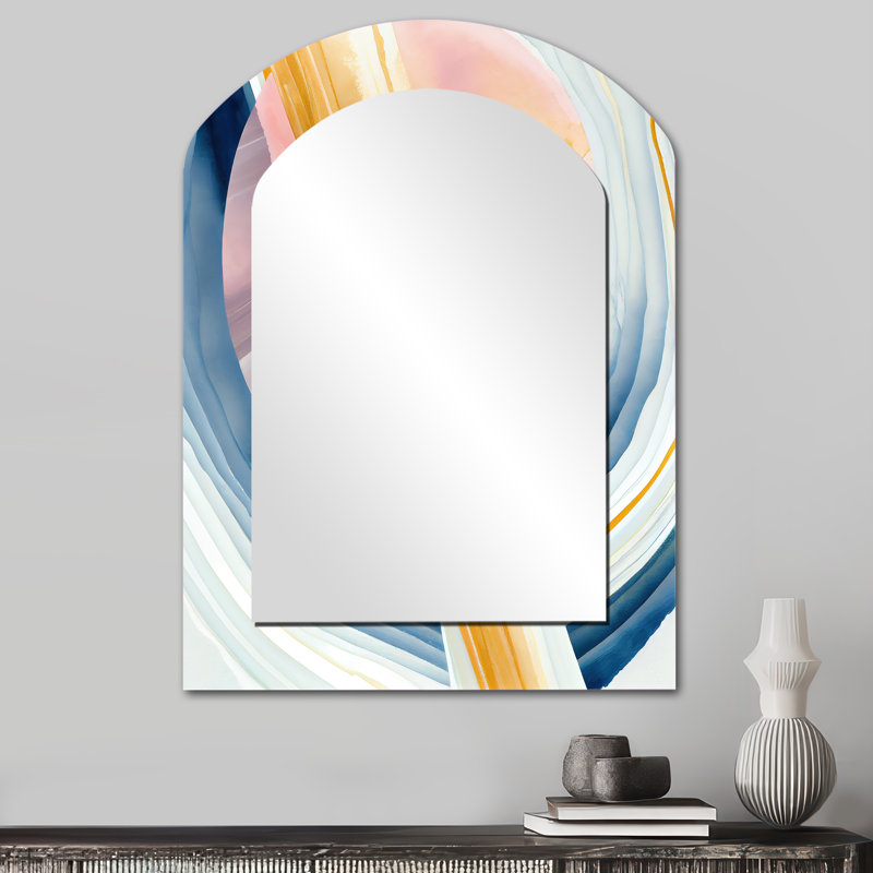 Wide Golden Brush Stroke I - Abstract Spirals Asymmetrical Unique Wall Mirror, Modern Arch Mirror, Printed Metal Art
