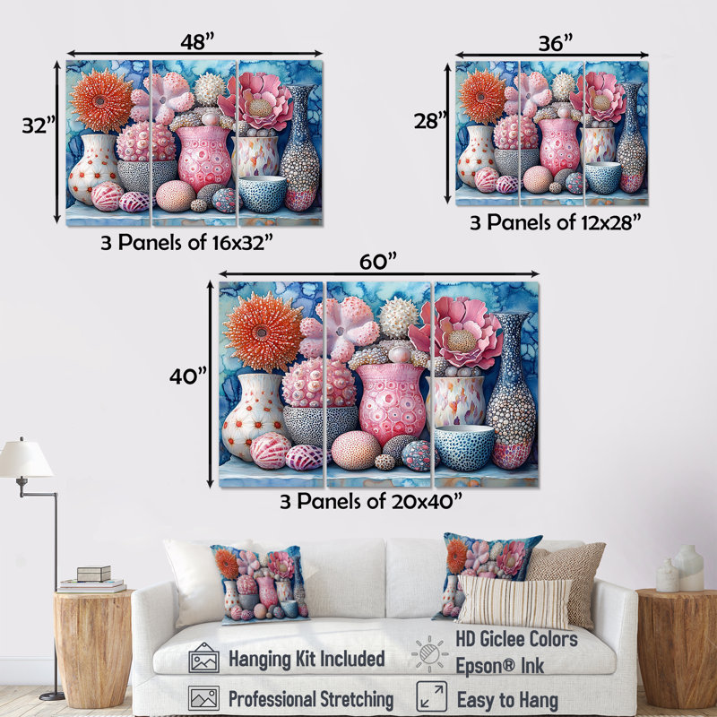 «Pink Oceans Edge Of Wonder Pottery», ensemble de reproductions d'art mural, Toile tendue, H 40 po x l 60 po x P 1 po
