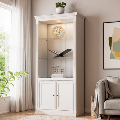 79" Retro Display Bookcase with 5-Color LED Lighting - Adjustable Glass Shelves & Cabinet Doors, Vintage-Style MDF Bookcase by Red Barrel Studio