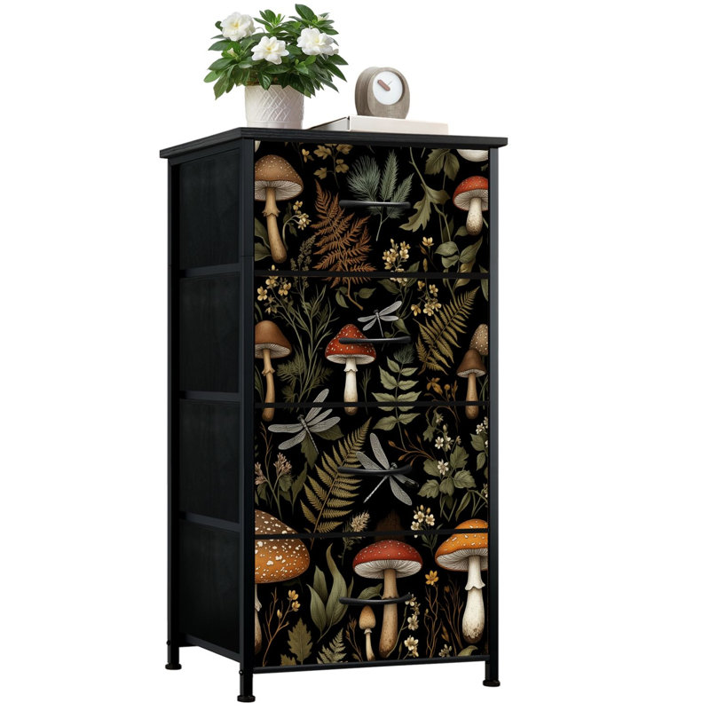 Commode pour chambre à coucher avec 4 tiroirs de rangement Libellules botaniques fantaisistes Champignons et commodes foncées Commode en tissu pour chambre d'enfant