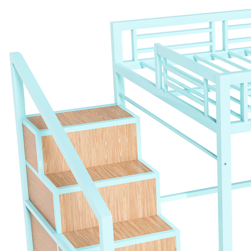 Lit mezzanine avec bureau, étagères et armoires de rangement - structure en métal, basculement, construction d'un escalier, quatre armoires, basculement