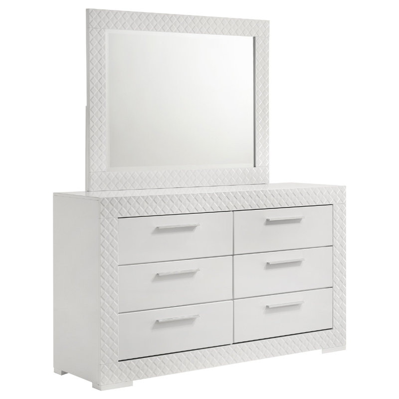 Ivon Wide Dresser With Mirror, 6 Drawers, White High Gloss, Metal, White