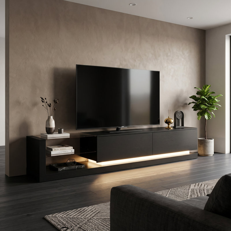 Modern TV Cabinet With Three-Color LED Light Strip, Spacious Storage, And Stylish Design For Living Room Or Media Area Organization