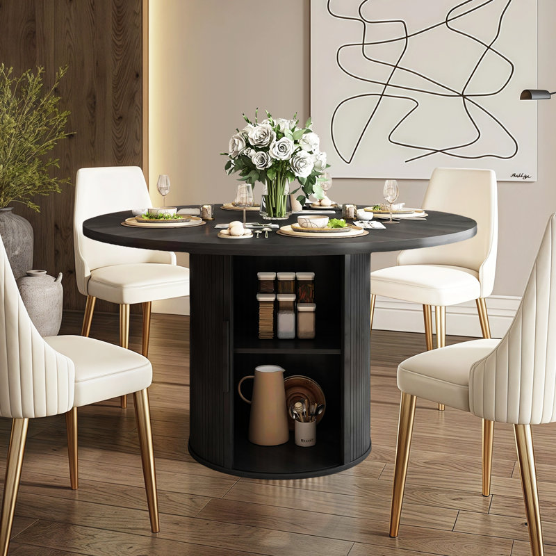 47” Round Dining Table For 4, Wood Farmhouse Kitchen Table For Living Room, Dinner, Chamfered Edge 1.18" Thickness Tabletop