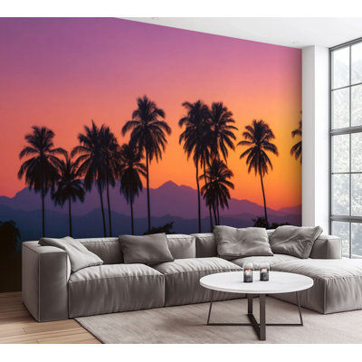 Wall Mural Peel and Stick Wallpaper Palm Tree Silhouettes Tropical Sunset Purple Orange Sky Distant Self-Adhesive Removable Contact Paper Wall Decor for Living Room Bedroom 100"H x 144"W