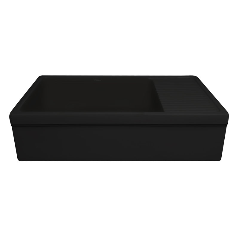 Whitehaus 36” Single Bowl Fireclay Kitchen Sink: Integral Drainboard, 2-1/2" Lip Front Apron, Matte Black