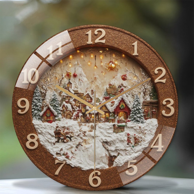 Clock-With-Illuminated-Winter-Village-Scene Art - 12'' Modern Glass Wall Clock