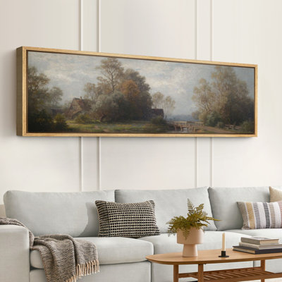 Countryside Cottage by River Large Framed Canvas Print Wall Art - Classic Landscape Decor
