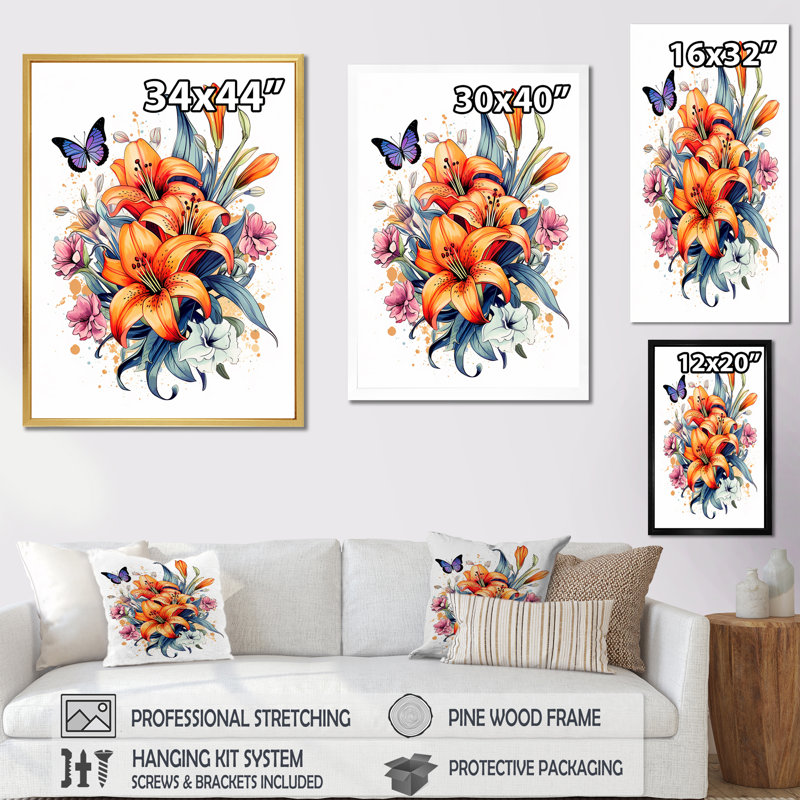 «Whimsical Butterfly and Colorful Lilies», reproduction sur toile, H 44 po x l 34 po, Cadre flottant blanc