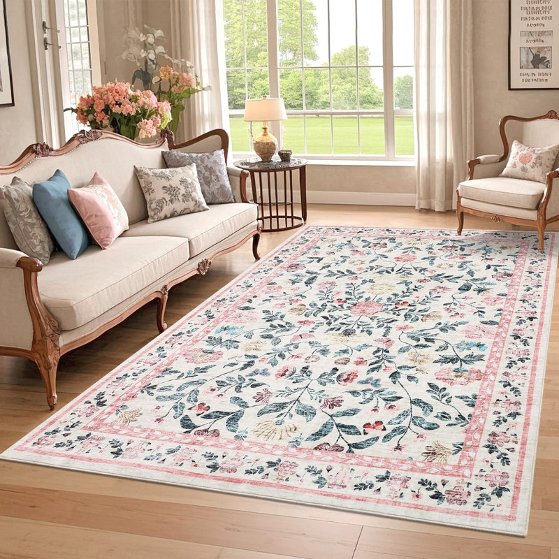 Washable Rugs Non Slip Area Rugs for Bedroom,Farmhouse Floral Carpets for Hallway,Dining Room,Bathroom,Nursery, Pink