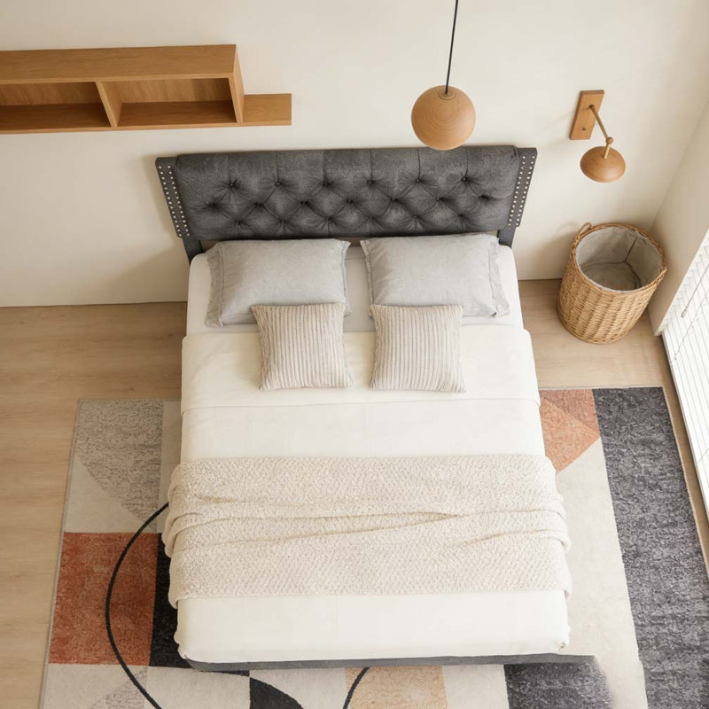 Structure de lit en velours, Gris, Grand lit