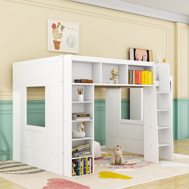 Queen Wood Loft Bed With Storage Shelves And Ladder, White