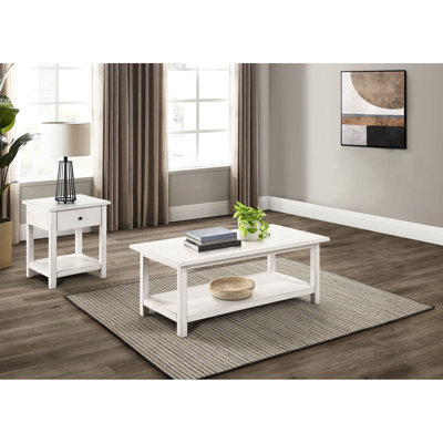 Table basse et de bout blanc vieilli, bois d'ingénierie en pin massif, tables rectangulaires, tablettes de rangement, espaces de vie rustiques 2 pièces
