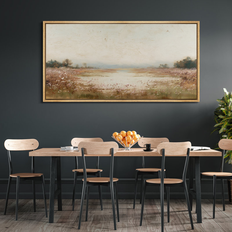 «Floral Meadow by the Lake Landscape» dans des tons neutres doux, Naturel, H 30 po x l 60 po x P 1,5 po