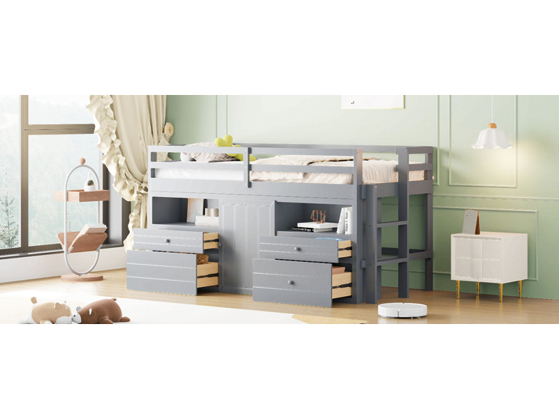 Lit mezzanine simple avec 4 tiroirs, sous l'armoire et les tablettes, Gris