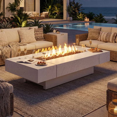 Table foyer au propane de 72 pouces (183 cm) et 60 000 BTU avec pare-vent en verre, table d'appoint assortie pour le couvercle du réservoir, foyer de patio tout temps