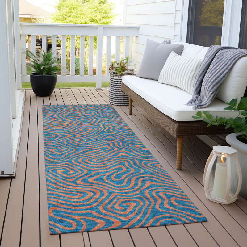 Zena Teal Washable Indoor-Outdoor Rug - , 2'3" x 7'6"