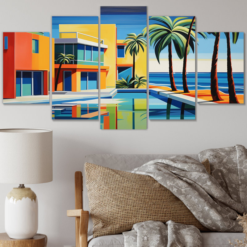Pop Art Palm Beach en couleur III - décoration murale nautique et plage - 5 panneaux
