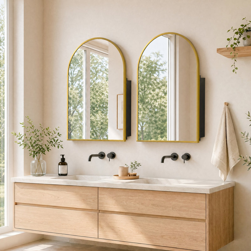 Modern Arched Recessed or Surface Mount Medicine Cabinet with Mirror, Gold, 39.4" H x 29.5" W