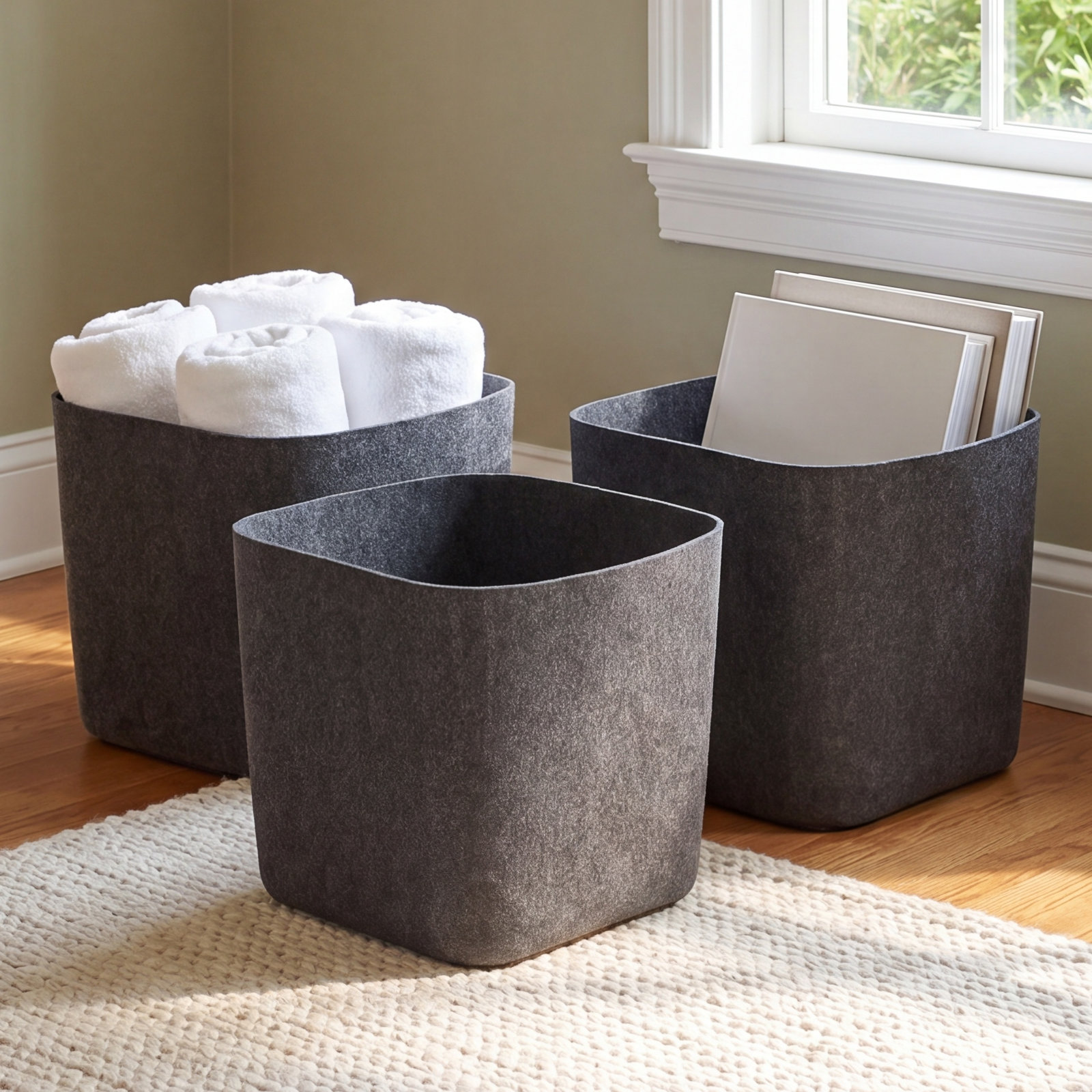 Sculpted Felt Wool Storage Bin, Beige
