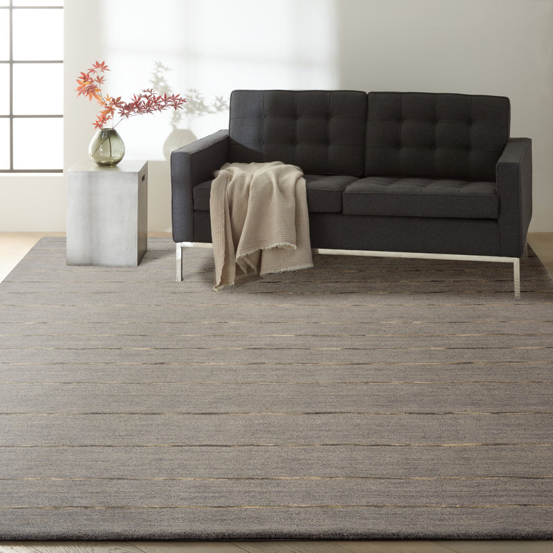 Tapis gris rayé en laine fabriqué à la main Halo, Rectangle 4 pi x 6 pi