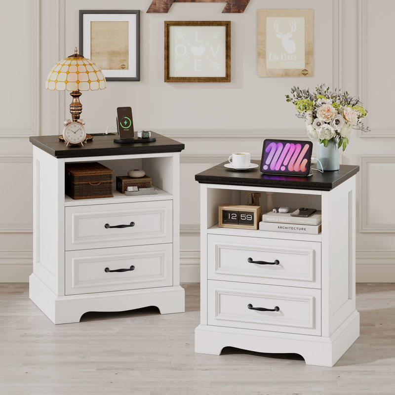 Farmhouse Nightstand Set of 2 With Charging Station, 18” Wide End Table With 2 Drawers for Bedroom Modern Bedside Table Storage Cabinet, Wood Small Dresser Drawer Chest for Living Room, Closet,Hallway, Office Entryway