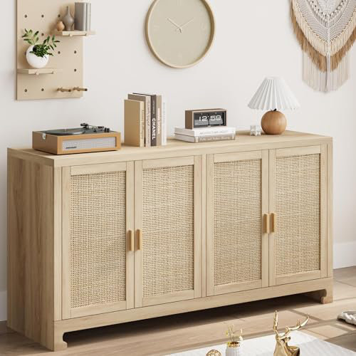 Buffet 60 "en rotin - Buffet de rangement de ferme avec 4 portes et tablettes réglables, console tissée, Chêne