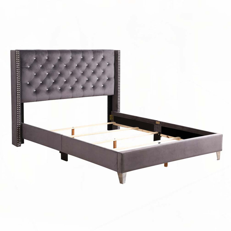 Lit rembourré en velours avec tête de lit capitonnée, Lit double, Gris