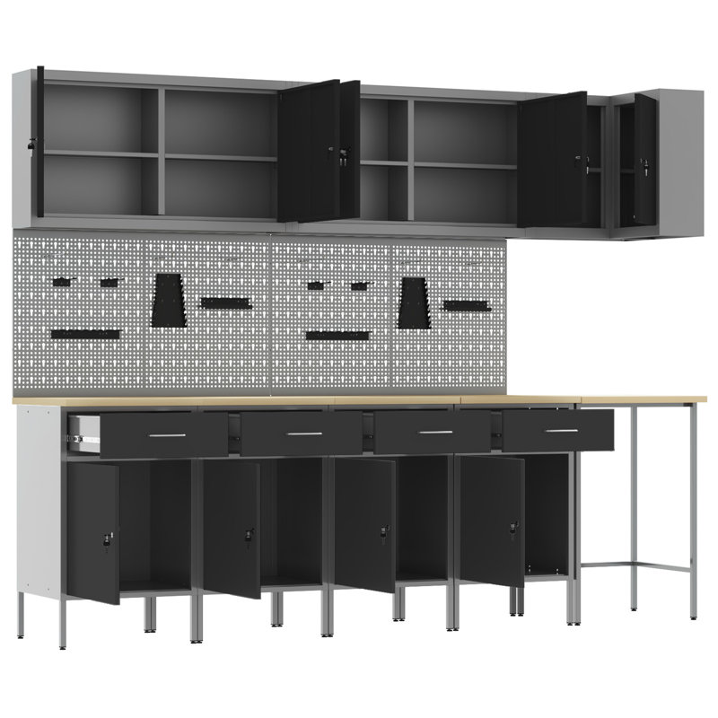 Set Of 11 Steel Medium Height-Adjustable Workshop Cabinet, Black
