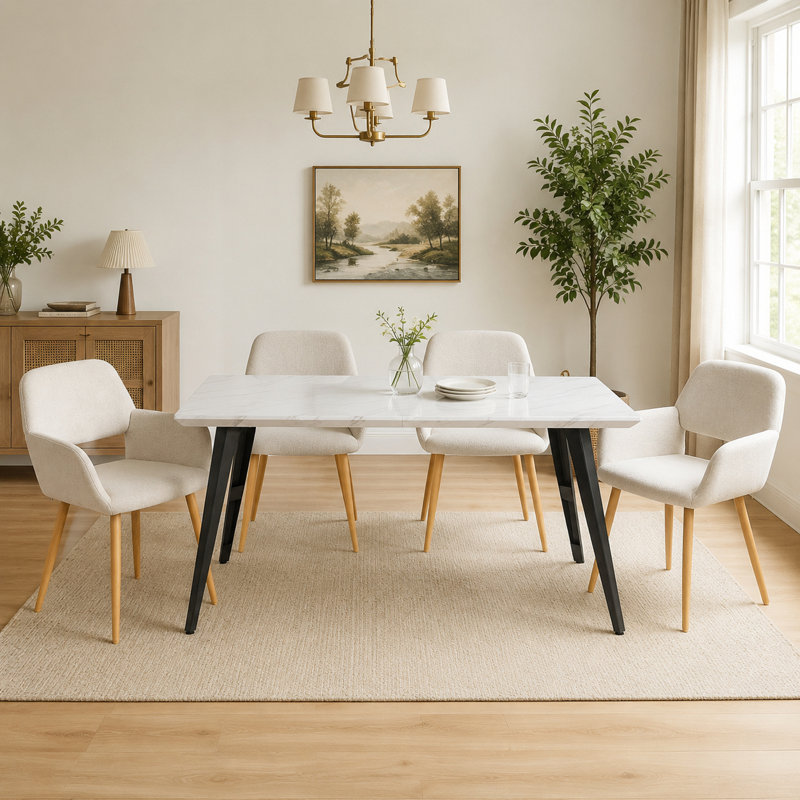 Ensemble de salle à manger 5 pièces 63 "en marbre blanc avec 4 fauteuils en tissu beige et pieds en métal noir, Beige