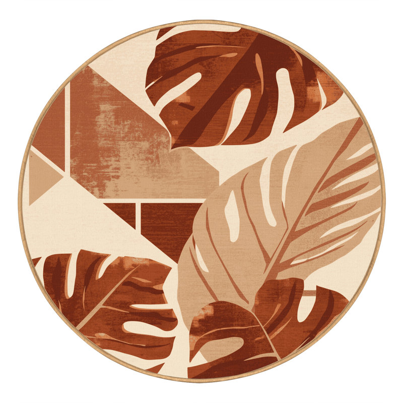Machine Washable Oyan Monstera Modern & Contemporary Abstract Rug in Brown – LightBrown Binding, 3' Round