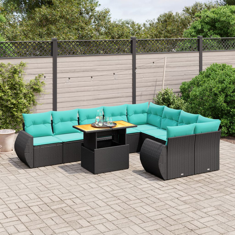  10 Piece Patio Sofa Set With Cushions Poly Rattan, Black, Green